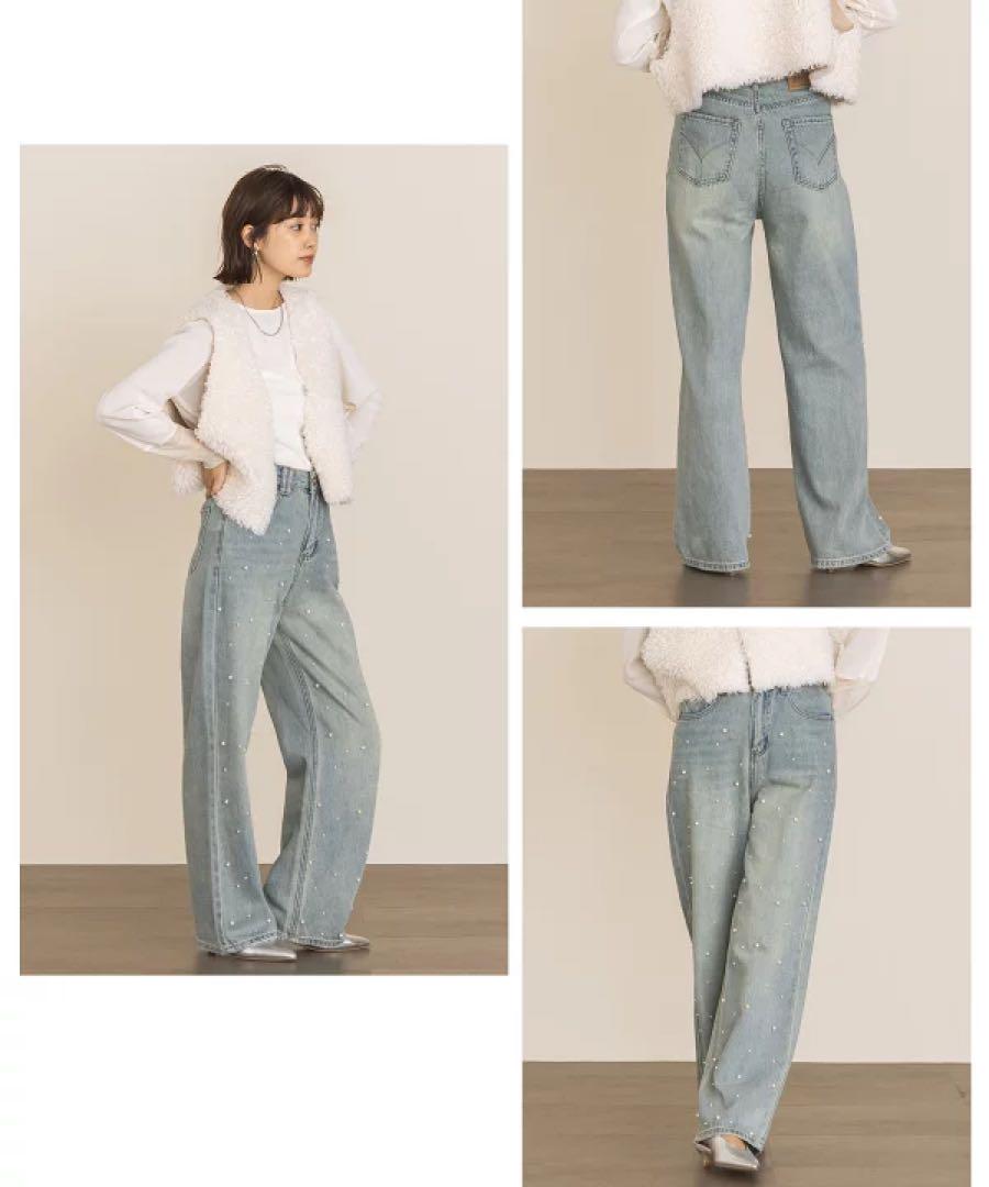 パール付デニムストレートパンツ