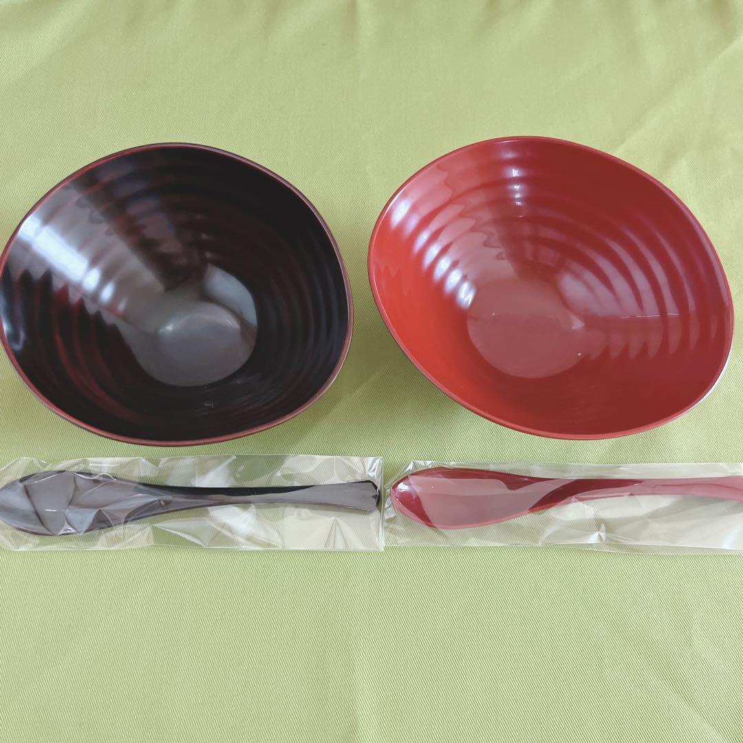 未使用！越前漆器 くつろぎ鉢ペア,スプーン 朱姝・溜 4点セット
