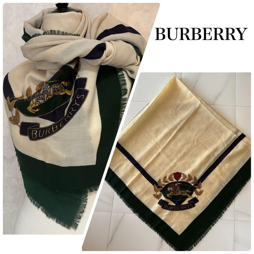 極美品　Burberry 緑×オフホワイト　馬柄　大判スカーフ　正方形