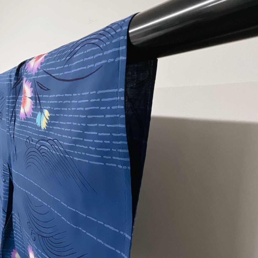 小紋　単衣　撫子　唐草模様　ネイビー　着物　081t