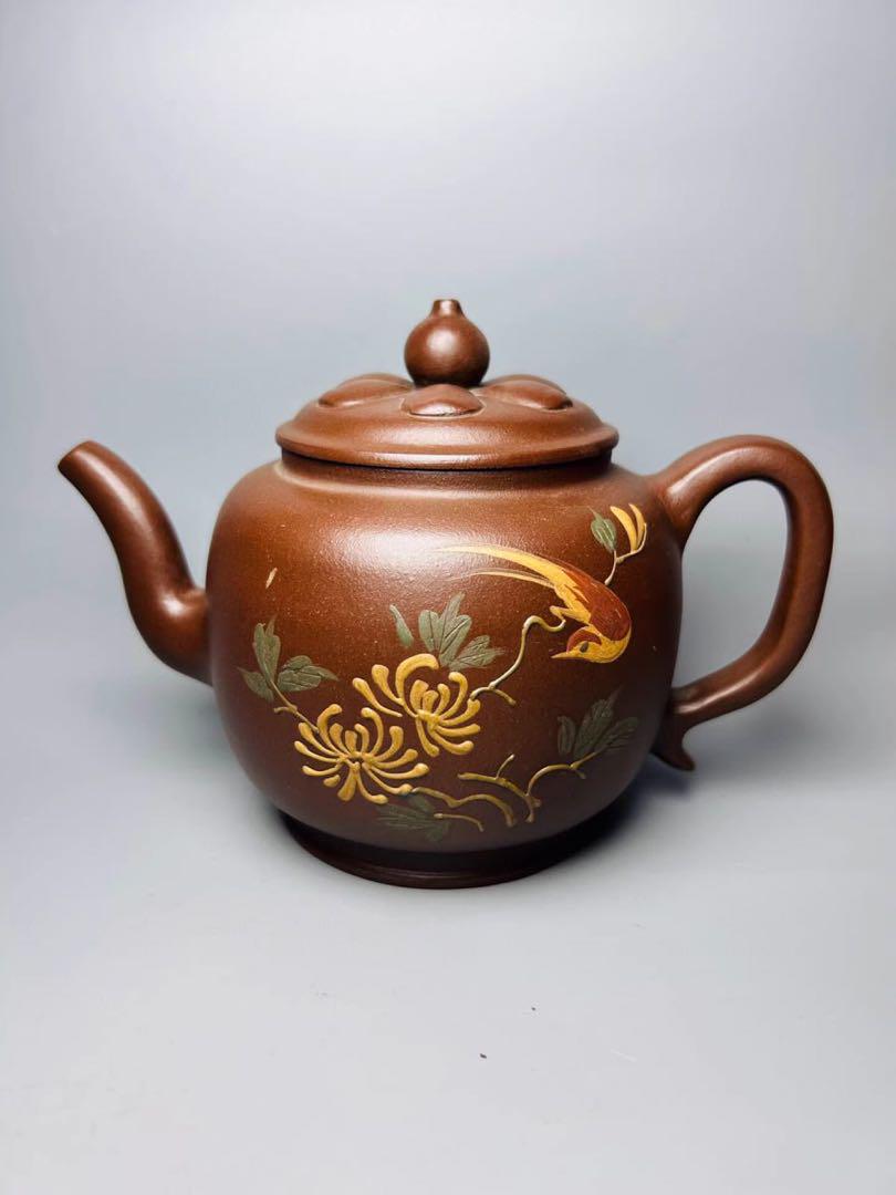 陶器製 茶釜 菊の絵柄