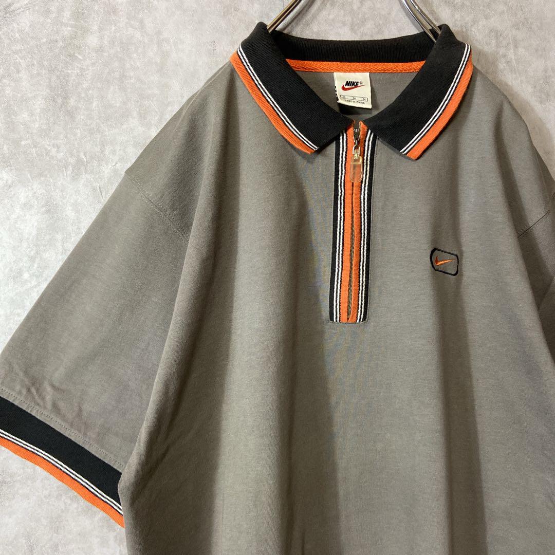 【銀タグ、ハーフジップポロ】NIKEワンポイント刺繍ロゴ半袖ストリート90s