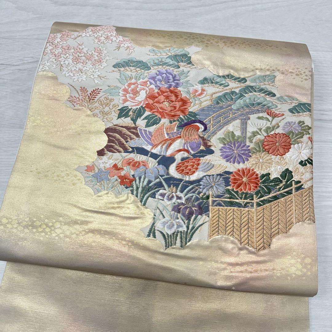アンティーク名古屋帯 美しい鳥に花 九寸 正絹 着物 着付け 和装