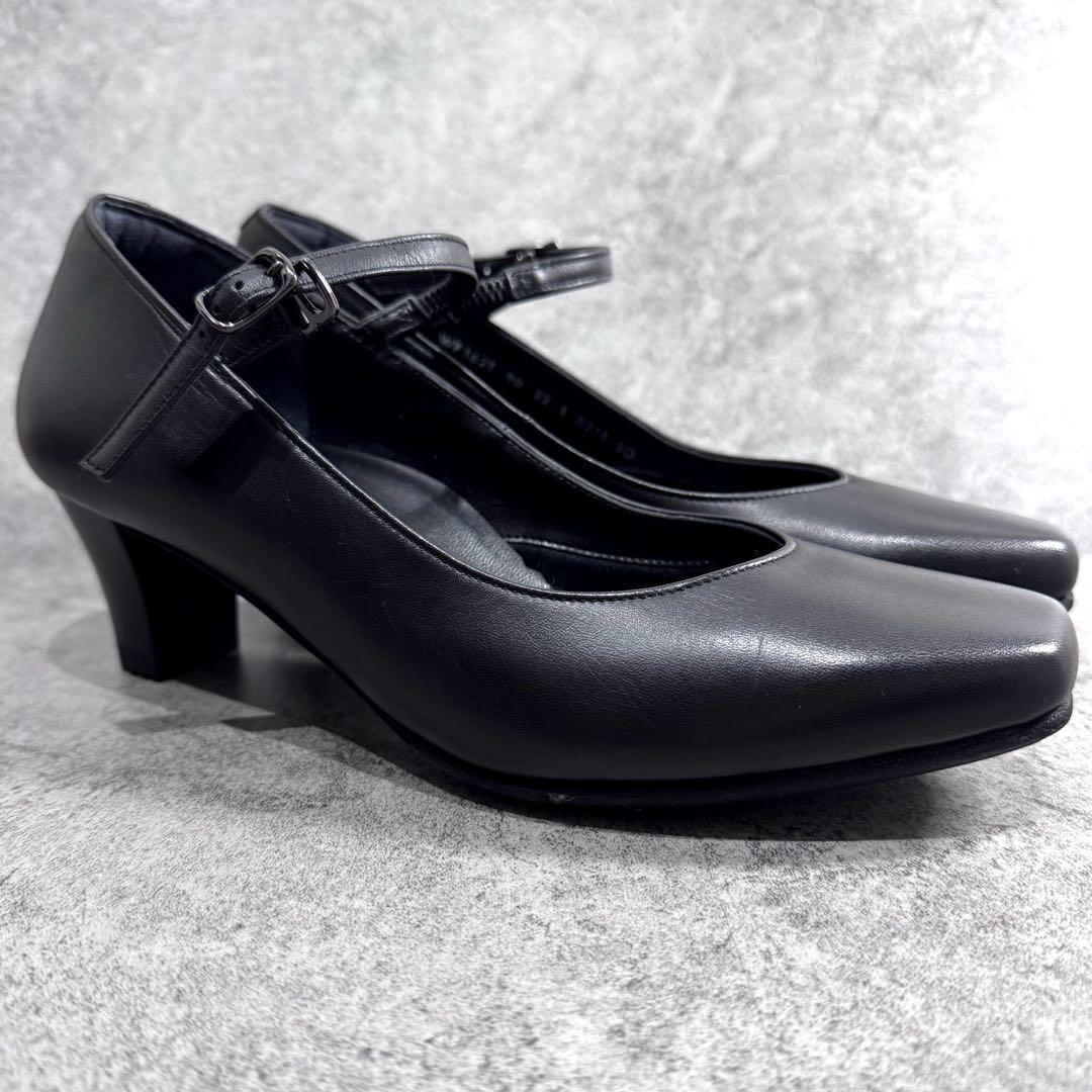 【未使用品】アシックス　ペダラ　22 パンプス　ストラップ　黒　レザー　太ヒール
