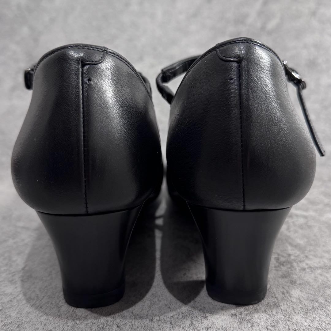 【未使用品】アシックス　ペダラ　22 パンプス　ストラップ　黒　レザー　太ヒール