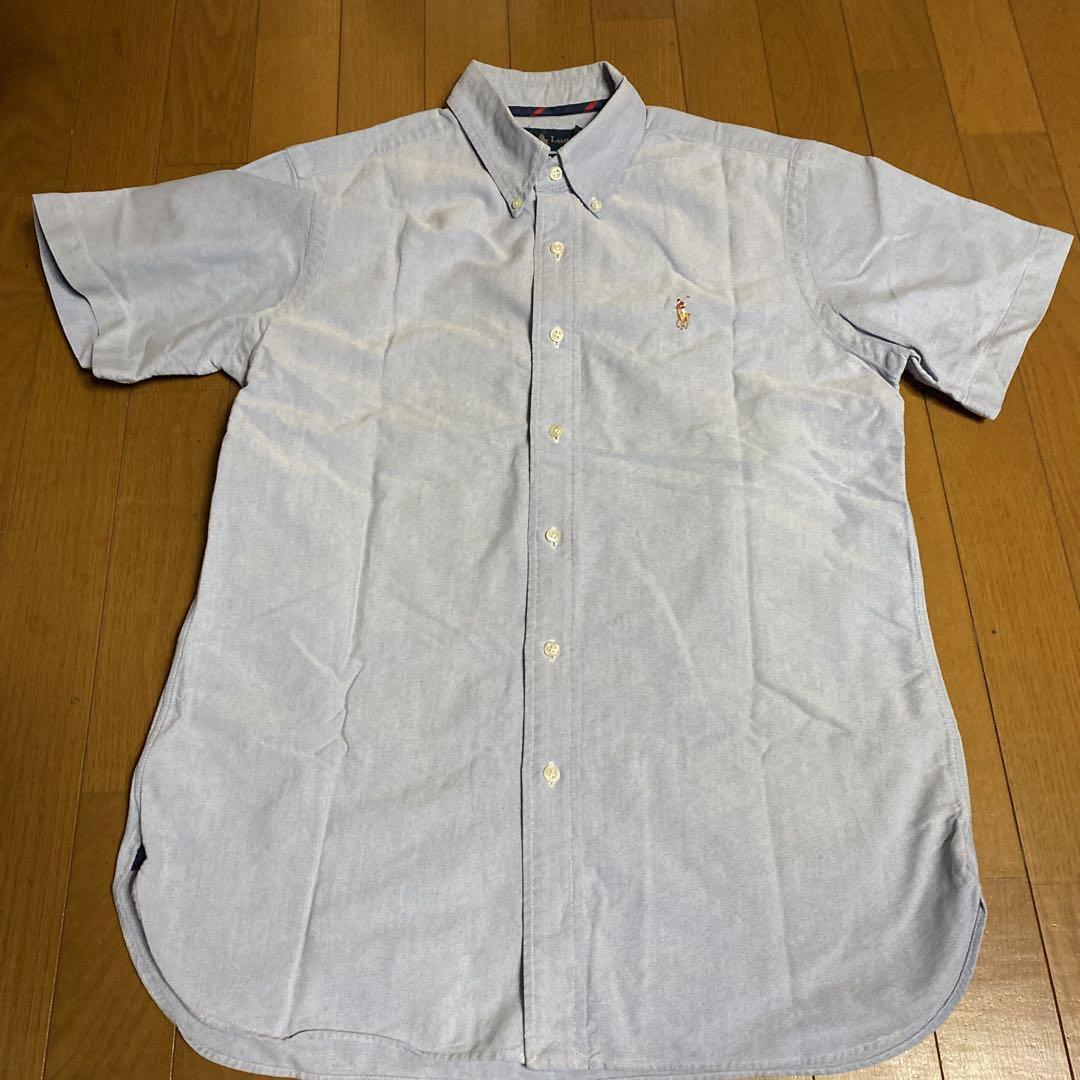 【90s ラルフローレン】Lサイズ 半袖 刺繍ロゴ オックスフォード シャツ 青