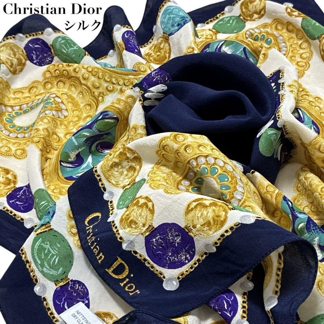 Dior クリスチャンディオール　スカーフ　シルク　ジュエリー×チェーン柄 極美品✨クリスチャンディオール シルク 宝石柄 イタリア製