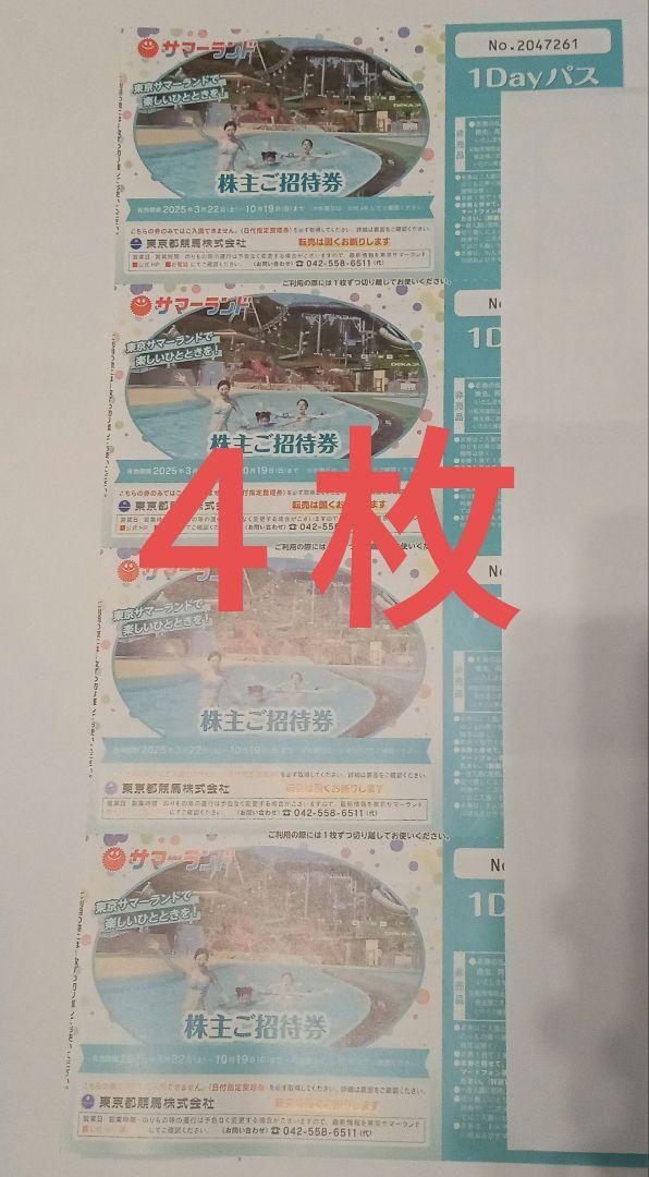 東京サマーランド1Dayパス 4枚セット（バラ売可）夏期も利用可