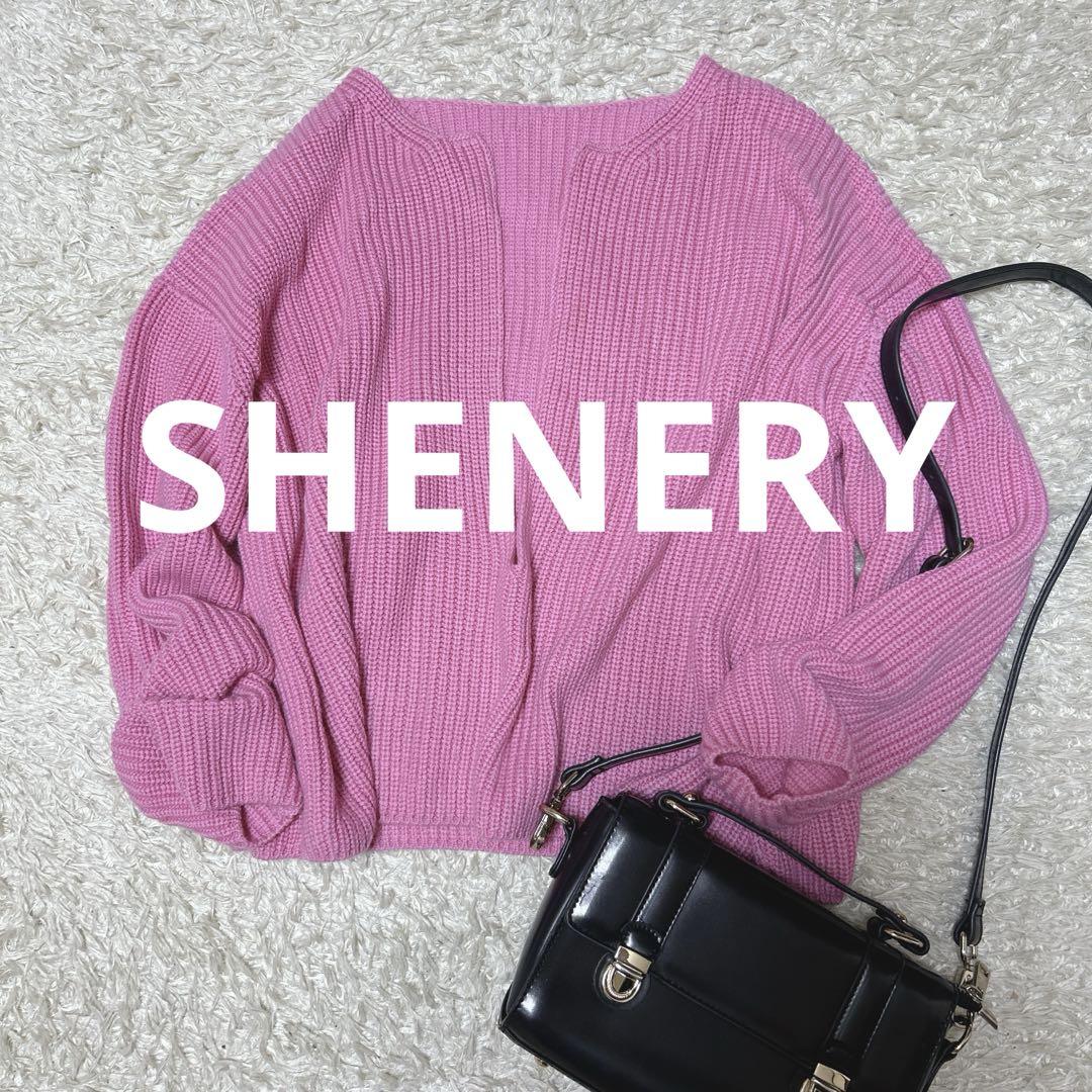SHENERY ♡ 片畦スリットネックプルオーバー ニット ピンク ショート丈