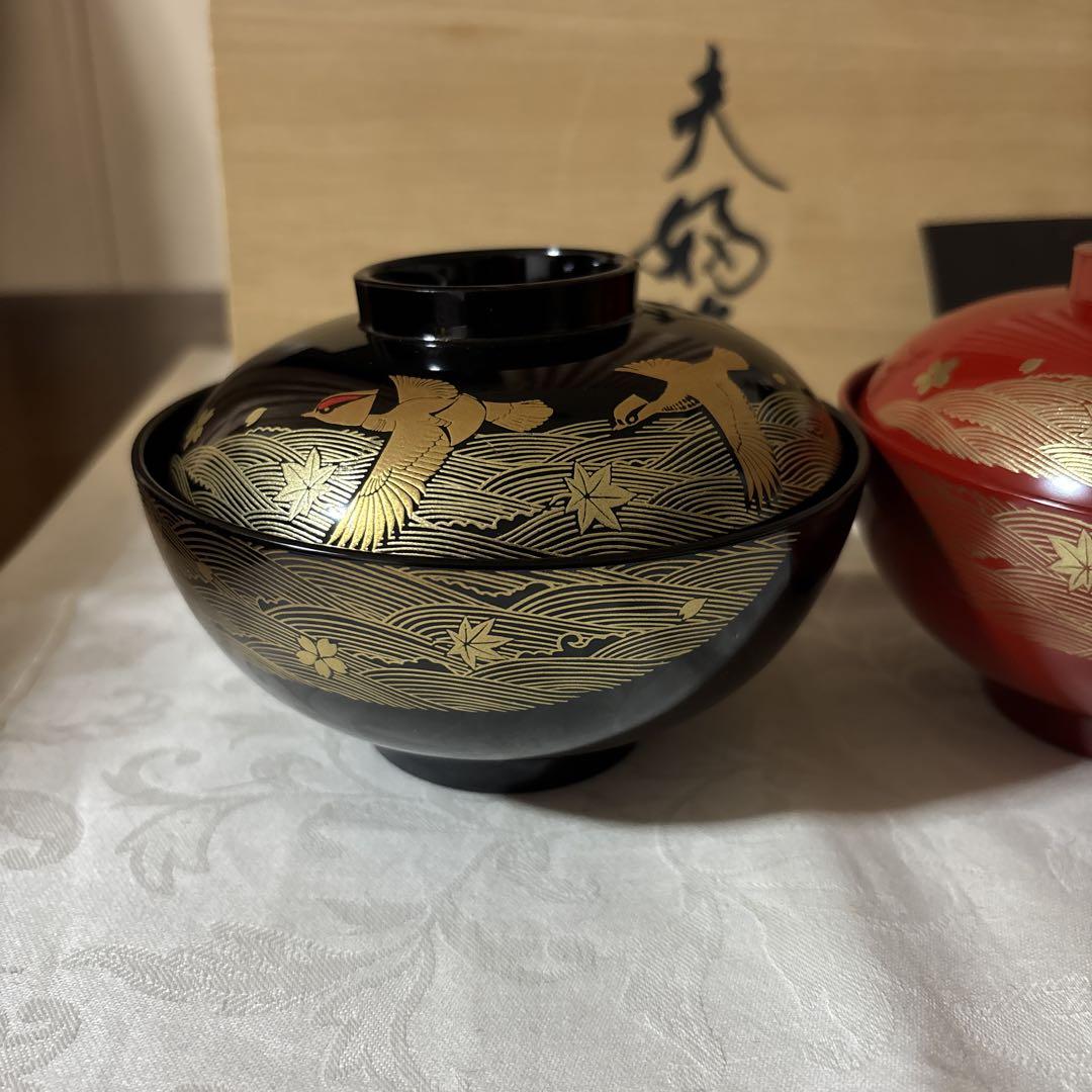 輪島塗 濱田屋 蓋付 椀 お椀 金彩 鶴 金蒔絵 木箱付 ペア 吸椀