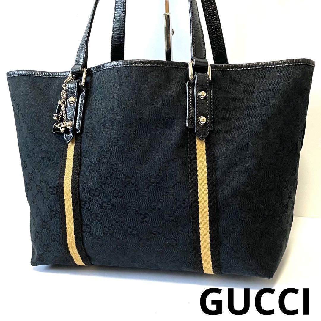 【美品】GUCCI トートバッグ 肩かけ GGキャンバス×レザー シェリーライン