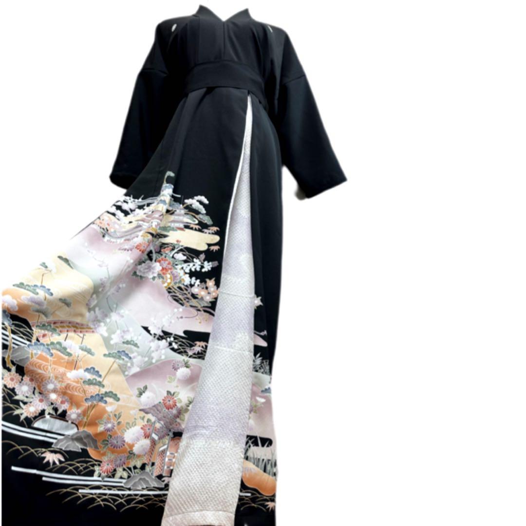 留袖　着物リメイク　ドレス　ポイントしぼり切替　松竹梅　ハンドメイド　ワンピース