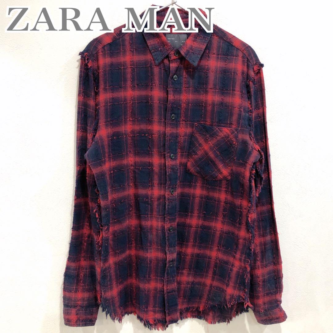ZARA オーバーサイズ チェック柄 フリンジ シャツ ネイビー × レッド