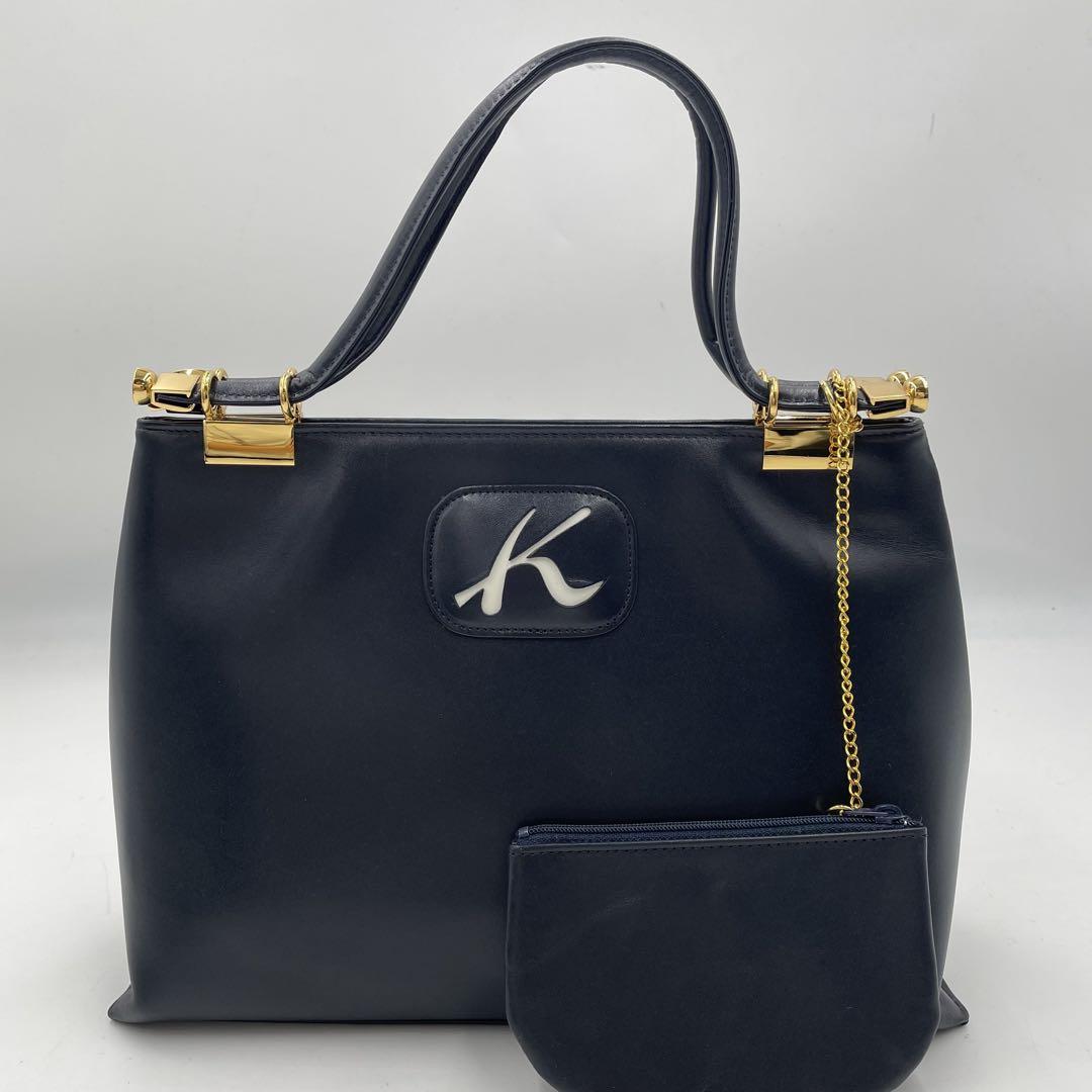 【極美品】キタムラ　ハンドバッグ　ロゴ型押し　ゴールド金具　レザー　ネイビー