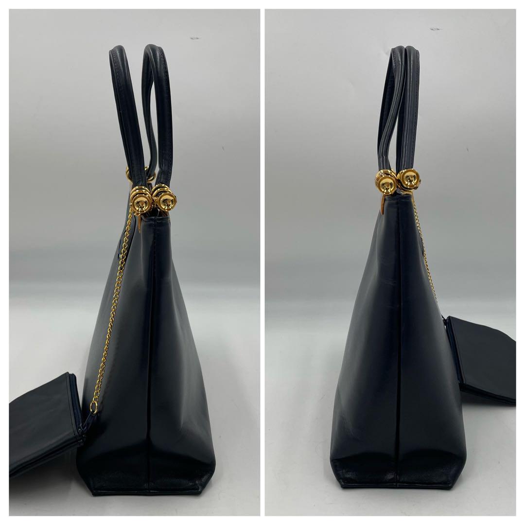 【極美品】キタムラ　ハンドバッグ　ロゴ型押し　ゴールド金具　レザー　ネイビー