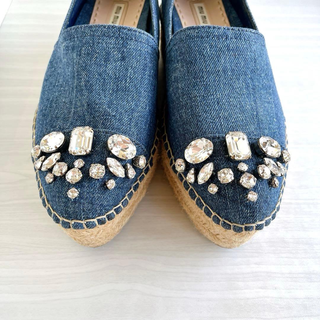 ミュウミュウ 大きめ エスパドリーユ 靴 デニム 厚底 ビジュー 38 ミュウミュウ 大きめ エスパドリーユ 靴 デニム 厚底 ビジュー 38