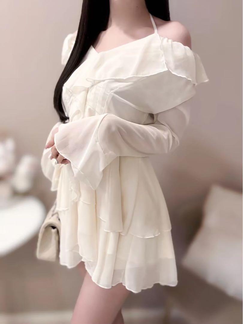 DHOLIC ♡ オフショル フリル シフォン ミニワンピース アイボリー