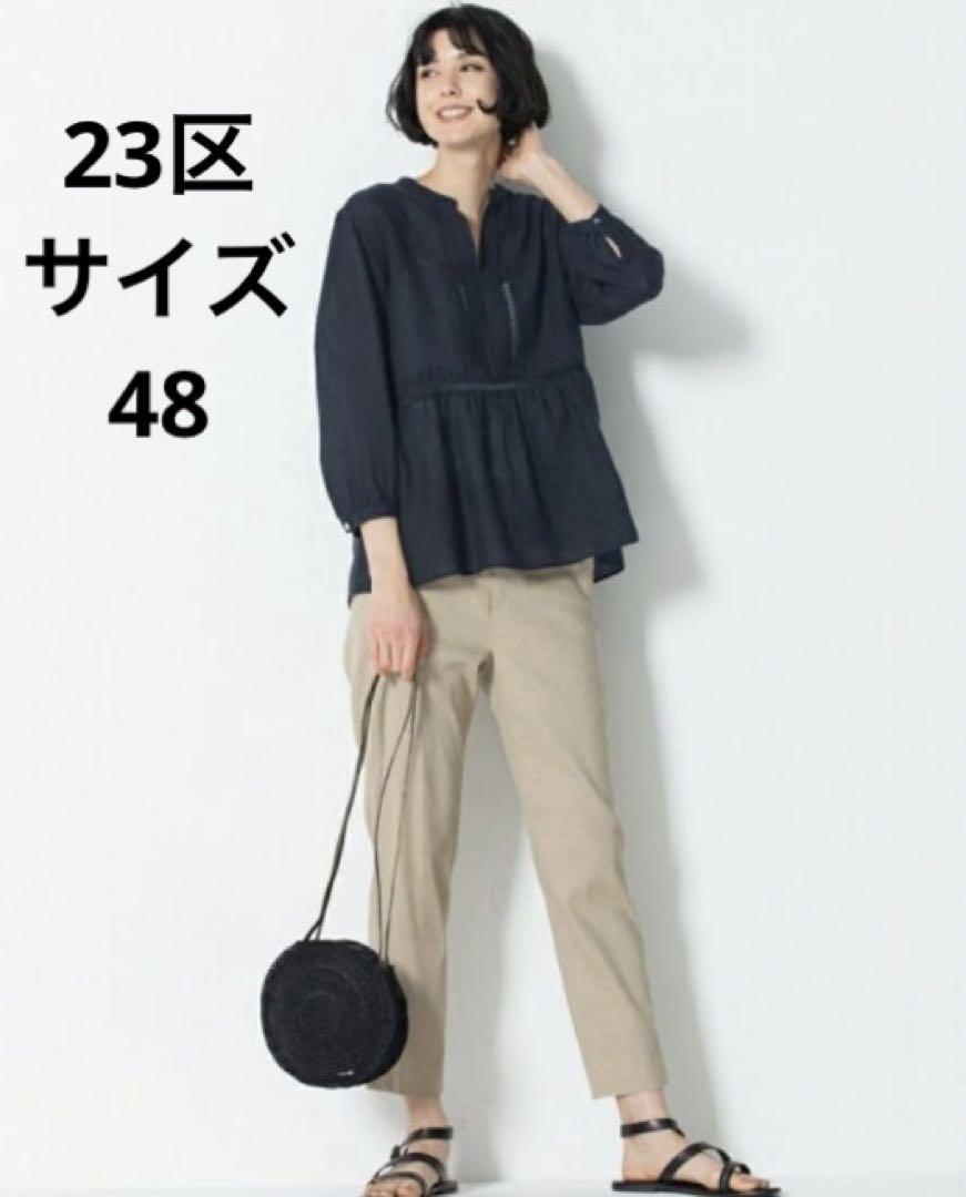 23区リネントップス♡リベコ麻100% ネイビー紺レースチュニック484L大きい