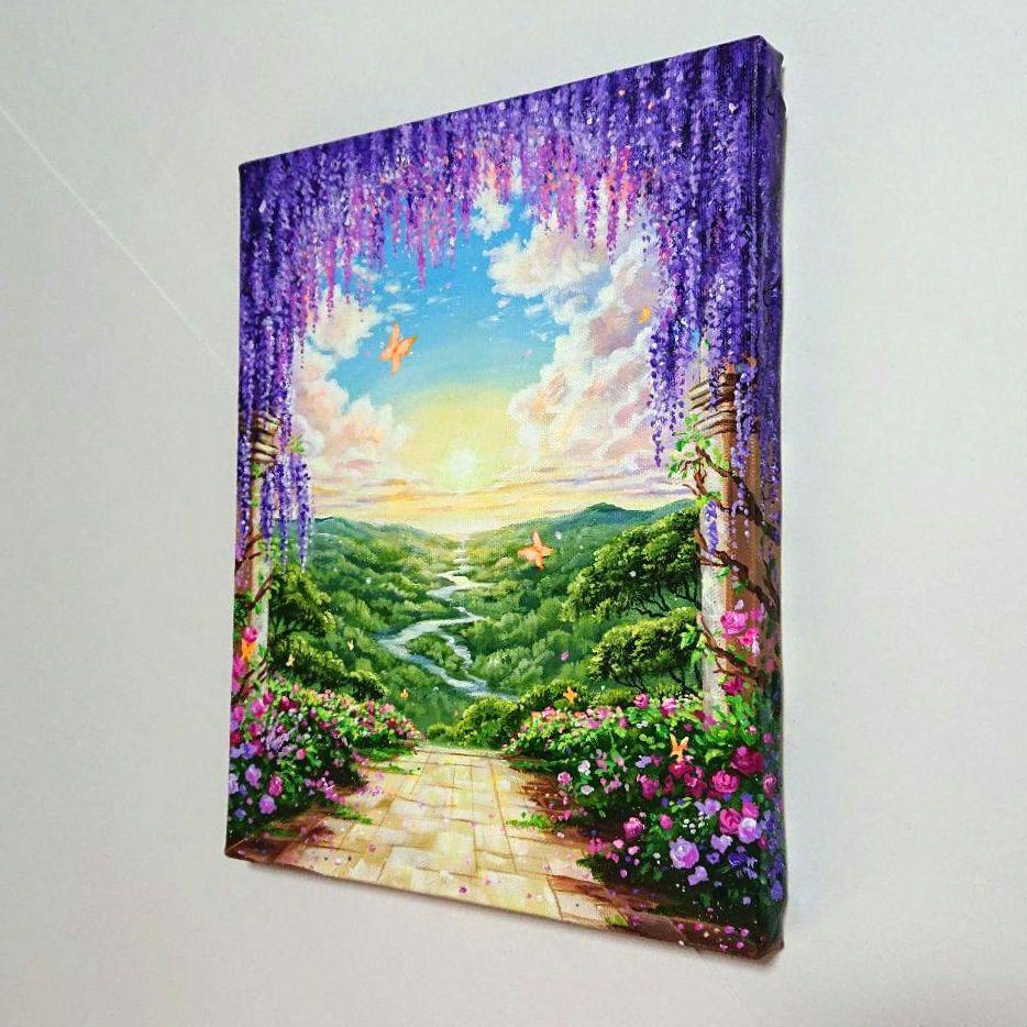 【藤のアーチ】アクリル画 F3 風景画 絵画