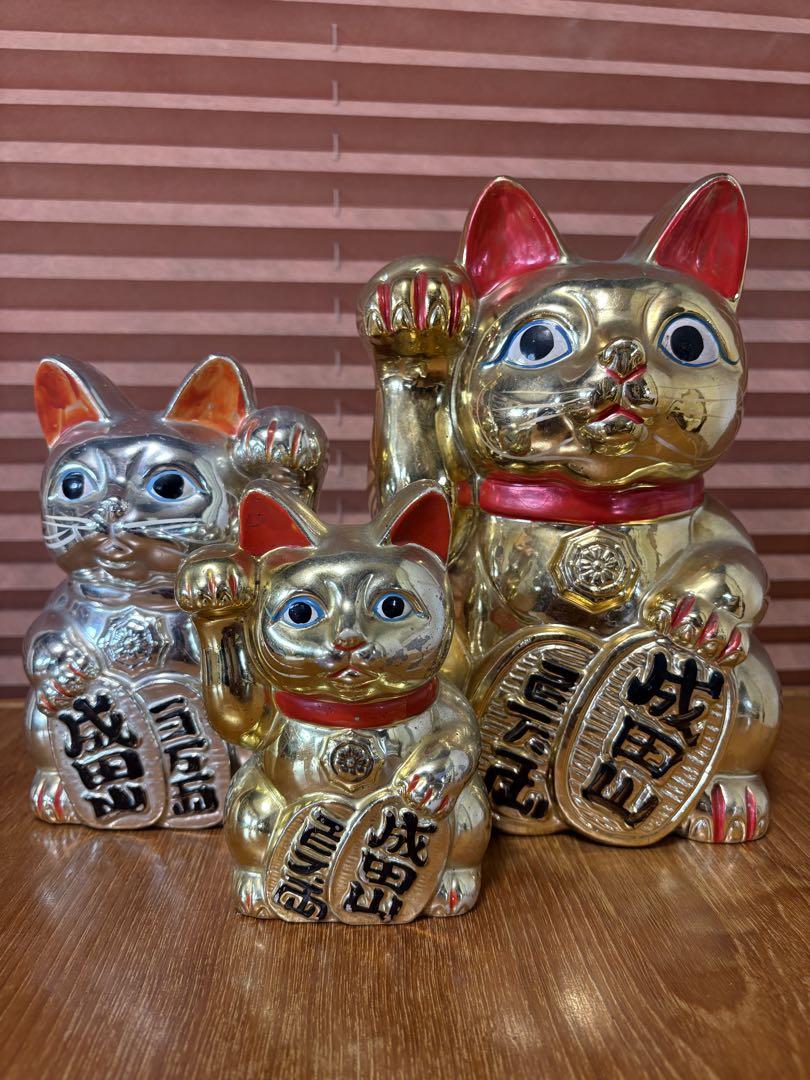 招き猫　貯金箱　成田山　小判持ち猫　金　大中小　3点　レトロ　古い　縁起物