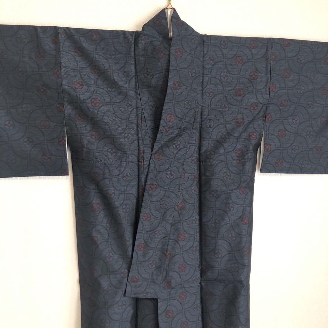 大島紬 未使用品 カジュアル着物 裄66 身丈157 ブルー 観劇 街着