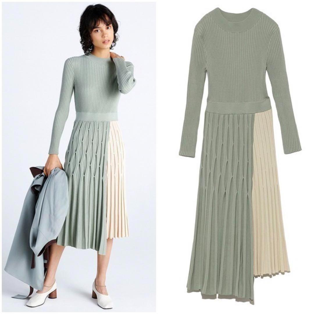 フレイアイディー 美品 ダイヤ柄プリーツニットワンピース ミント グリーン 秋冬