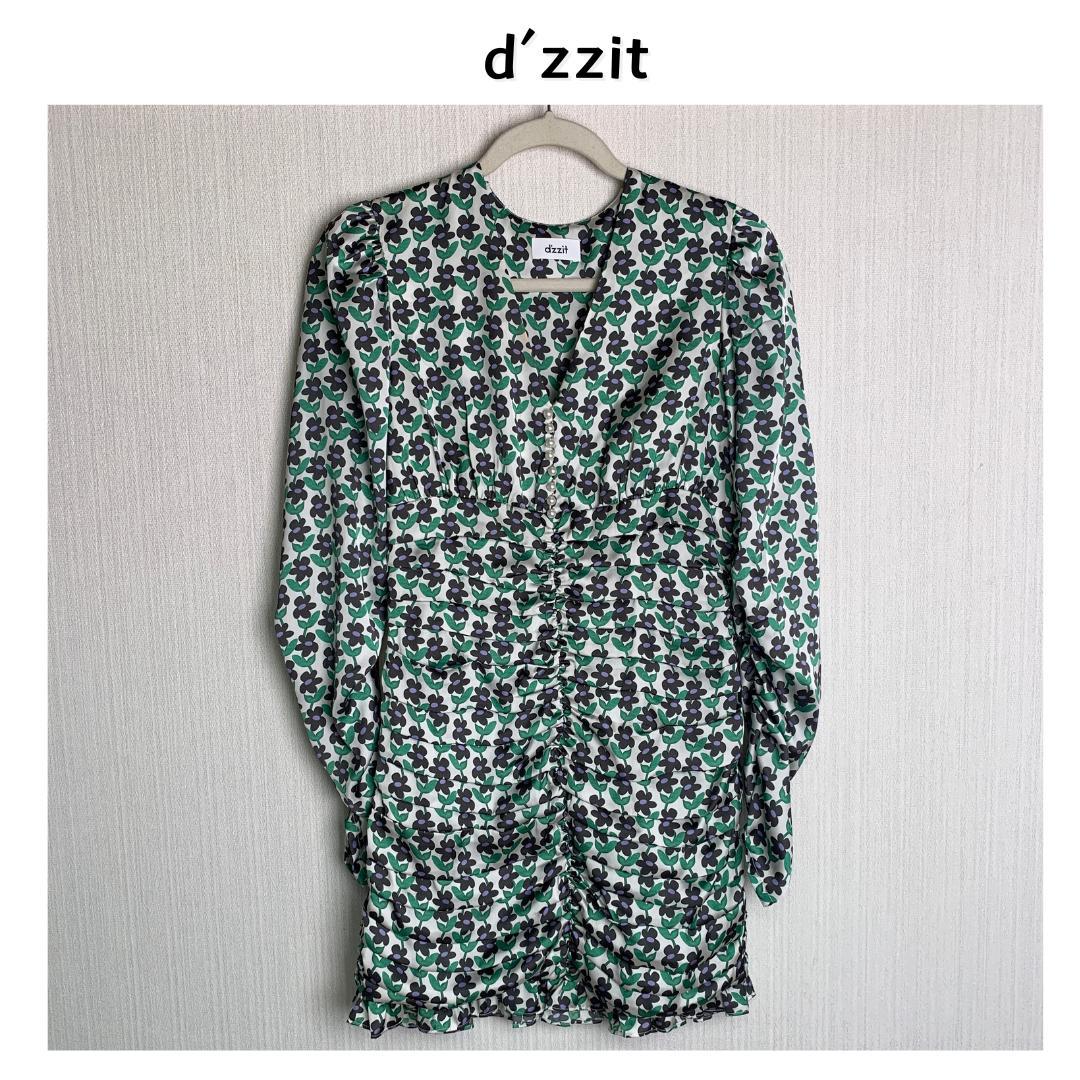 ディジット dzzit ★ Vネック フラワープリント ミニワンピース 長袖S