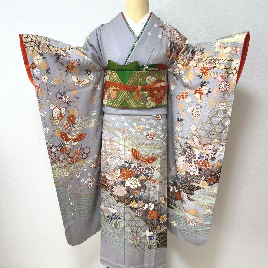 375 振袖フルセット 正絹 ブルーグレー 灰青 金彩 駒刺繍 三越