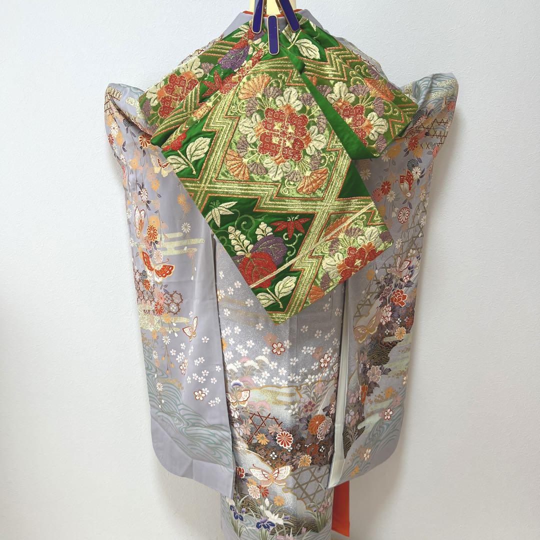 375 振袖フルセット 正絹 ブルーグレー 灰青 金彩 駒刺繍 三越