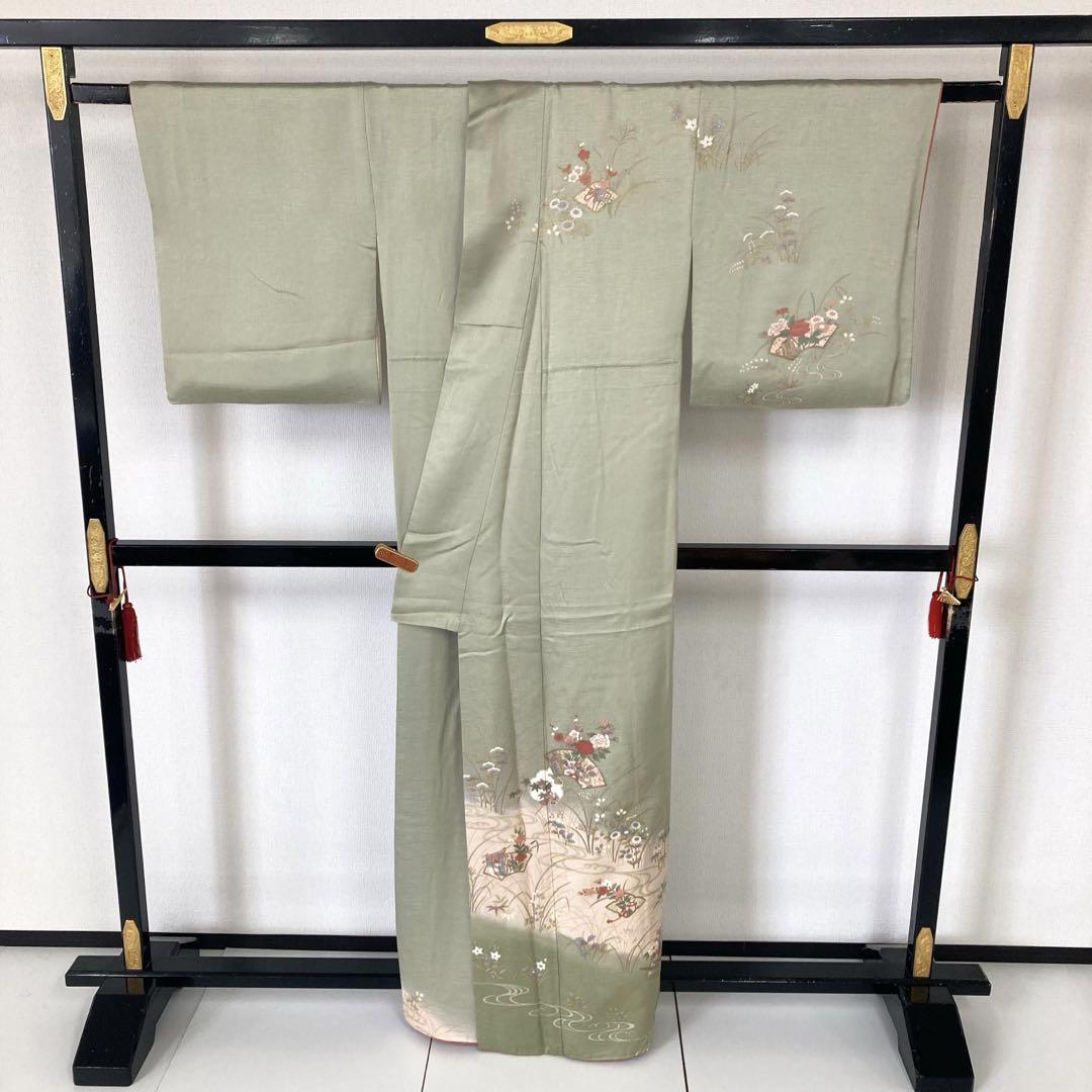 金彩 裄67 雪輪 花柄 素敵なデザイン 紋無し 付下げ 訪問着 T-4010