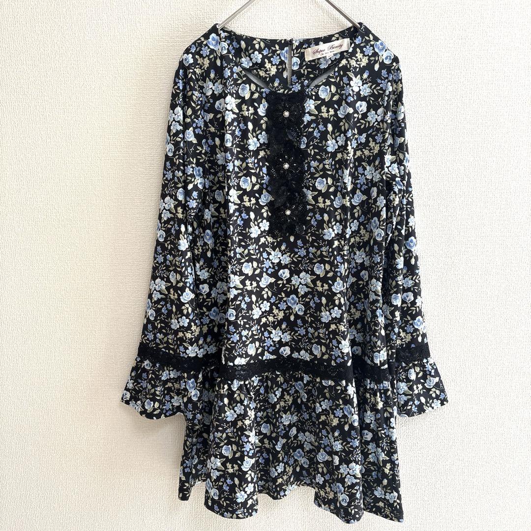 美品】スーパービューティー 花柄チュニック ビジュー 7分袖