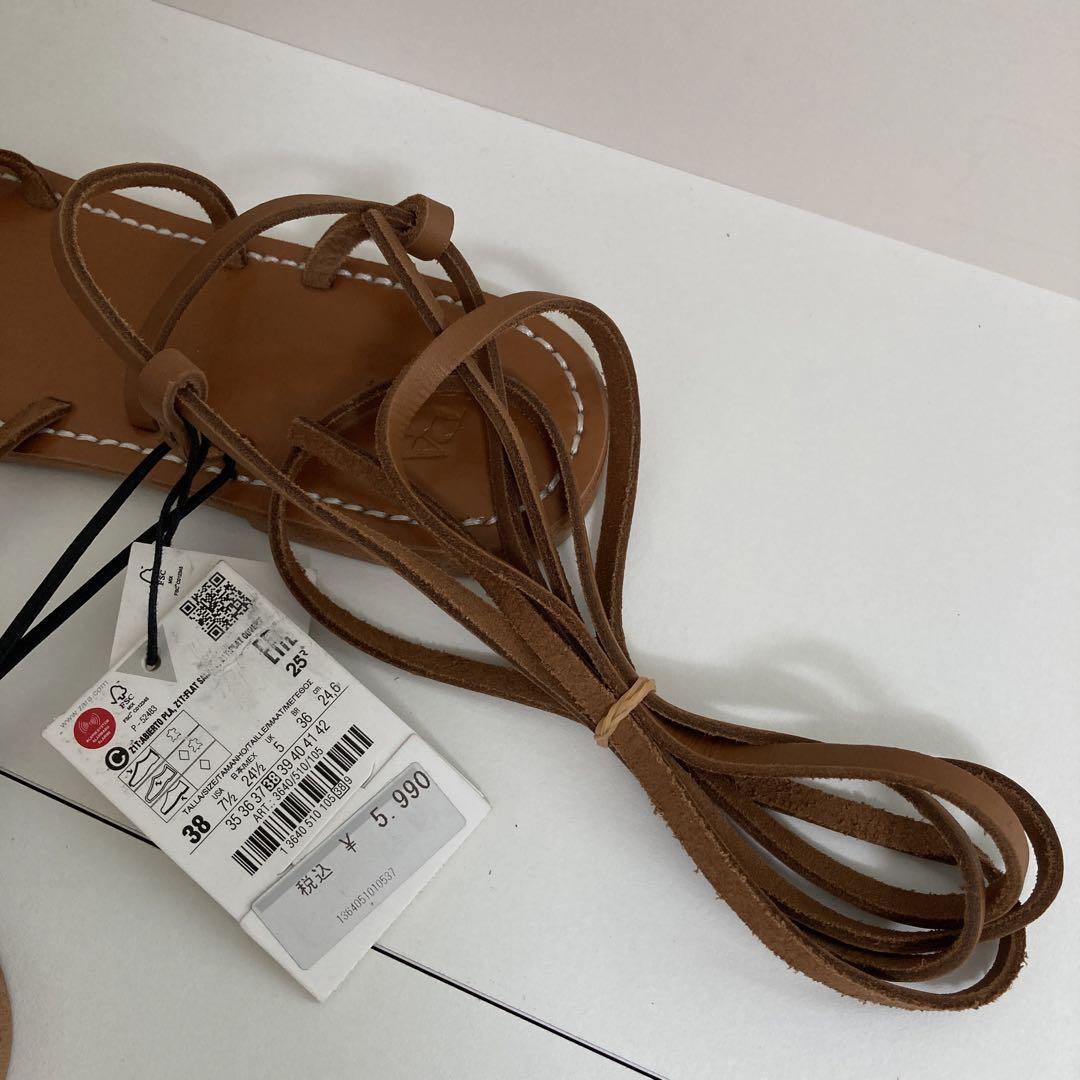 ZARA 本革レザー 編み上げ フラット サンダル 24.5cm - メルカリ