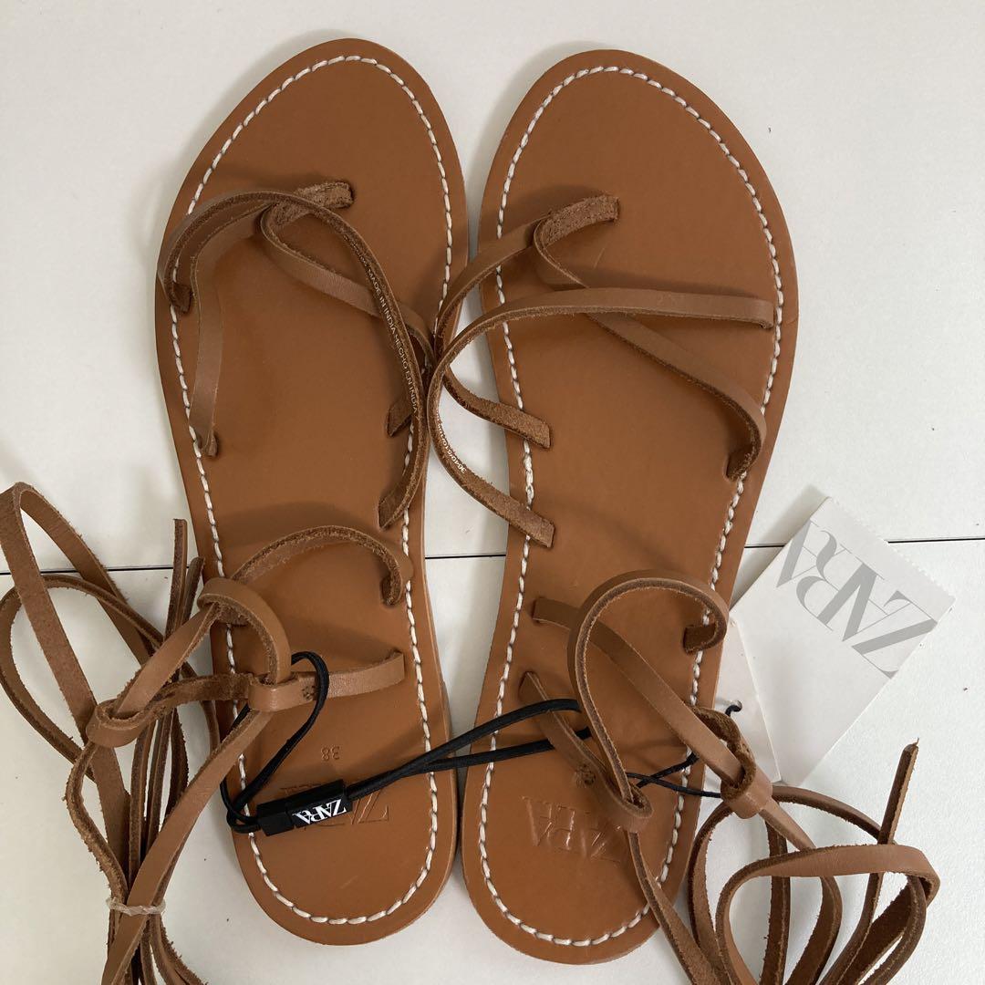 ZARA 本革レザー 編み上げ フラット サンダル 24.5cm - メルカリ