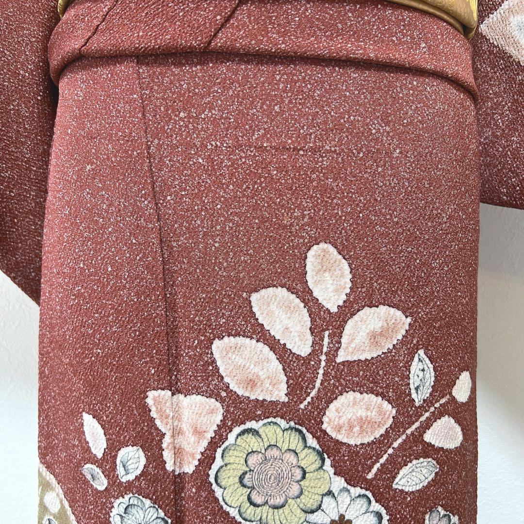198訪問着フルセット 正絹 えんじ 赤茶 辻が花 手描き たたき染め 絞り染め