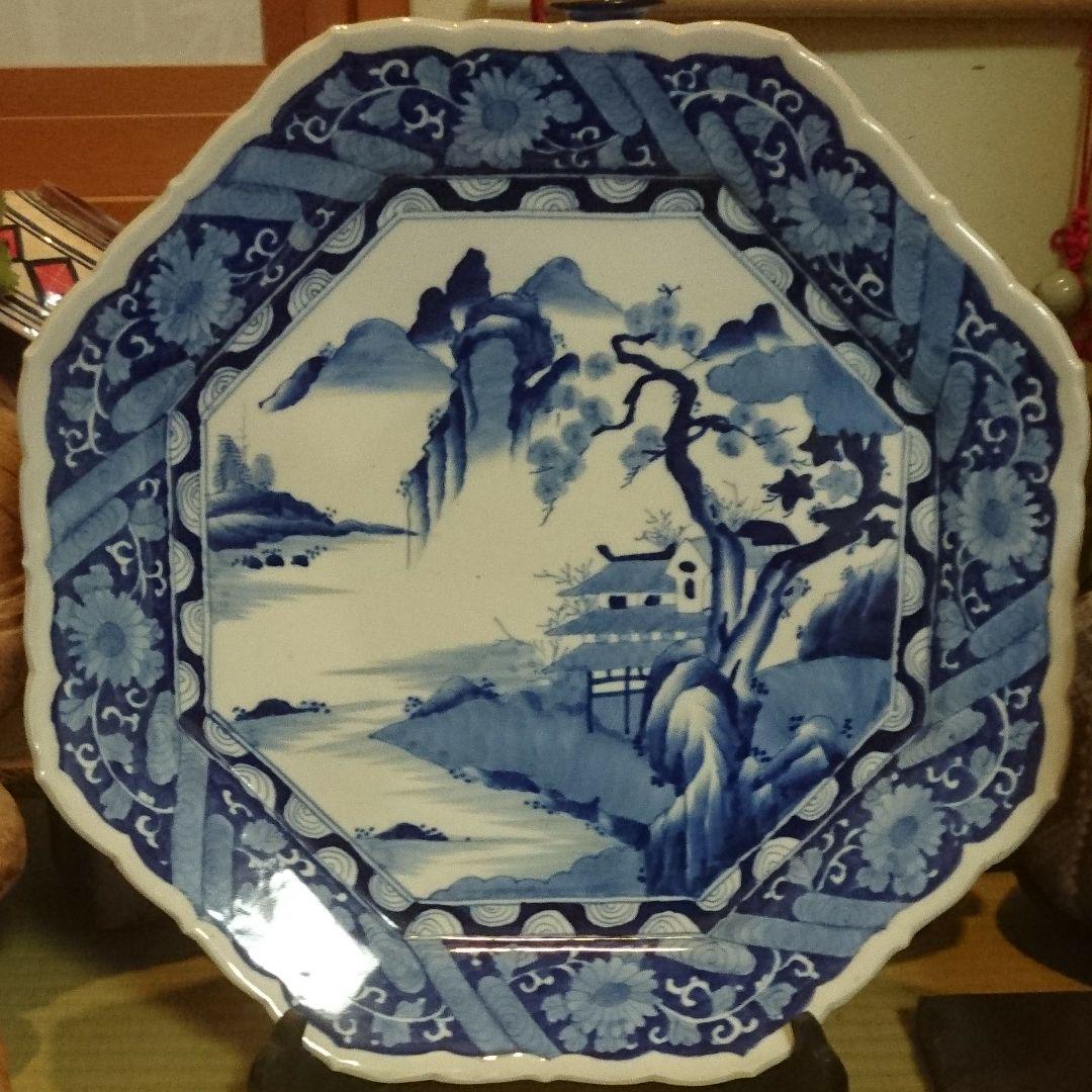 古伊万里　鮑形色絵皿　荒波太古石舟遠山楼閣山水文　のどかな情景　横22cm 古伊万里 鮑形色絵皿 荒波太古石舟遠山楼閣山水文 のどかな情景