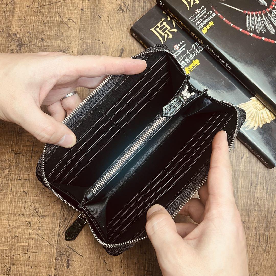 実物撮影 一枚革 クロコダイル メンズ長財布 ラウンドファスナー 新品 未使用 透き通る青】実物撮影 一枚革 クロコダイル メンズ長財布