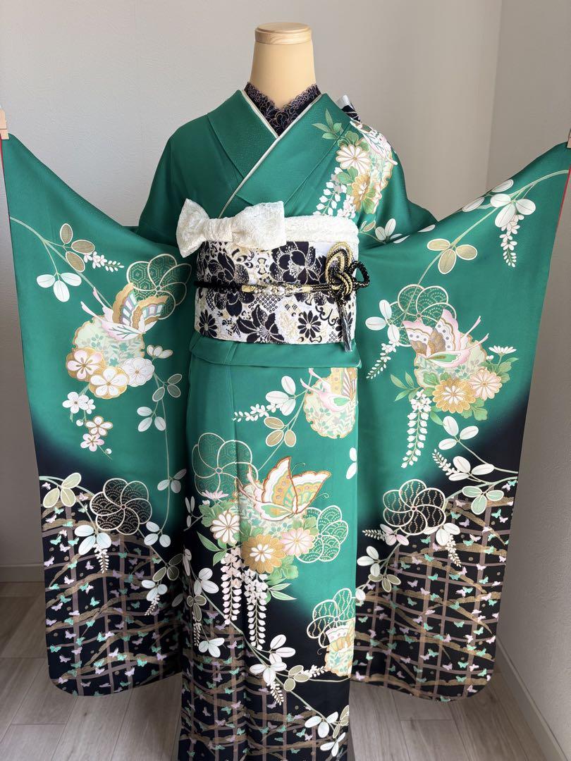 振袖フルセット（７点）　正絹　成人式　緑色　☆クリーニング済み
