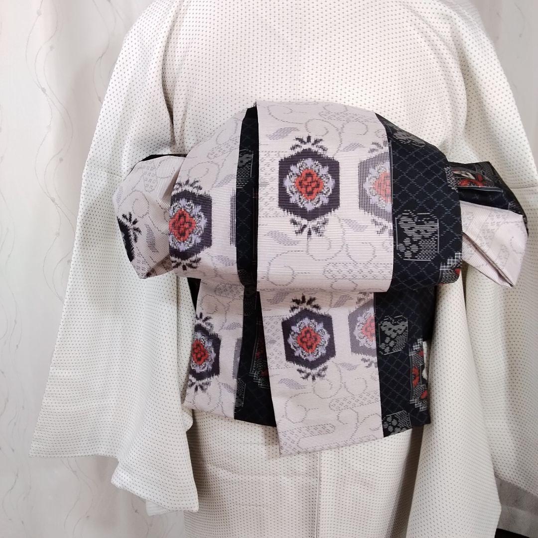 【30％OFF】 正絹 村山大島紬白黒リバーシブル長尺半幅帯 美品着物リメイク 着物・浴衣