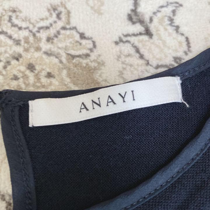 ANAYI 袖レース ニット トップス パフスリーブ ネイビー 大人綺麗め