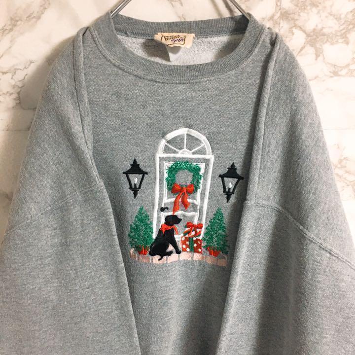 【アニマル刺繍】犬刺繍　ピーナッツバター　スウェット　グレー　Ｍ相当