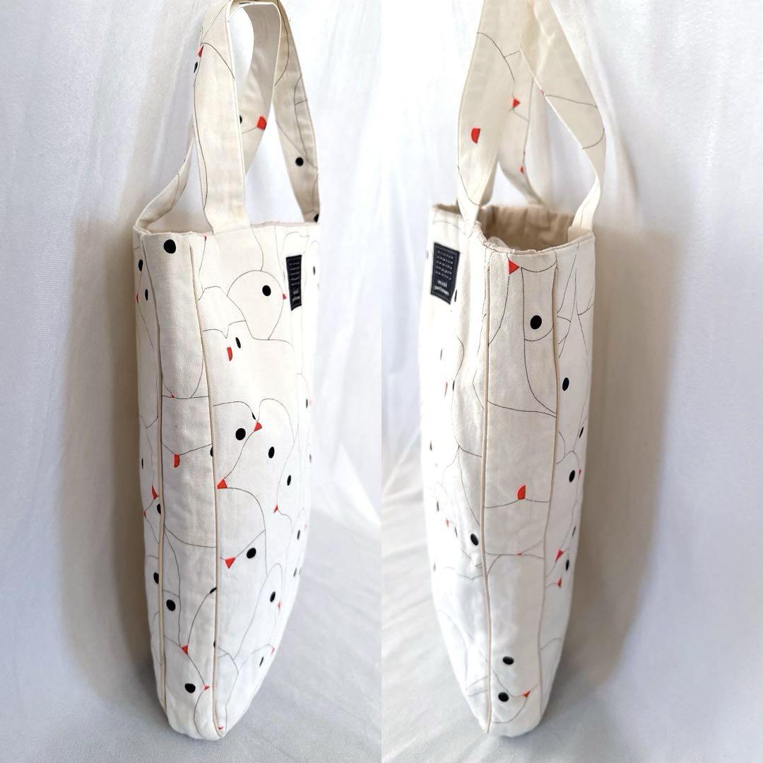 オシャレデザイン ミナペルホネン 鳥 綿麻 トートバッグ ショルダー 白 黒 オシャレデザイン ミナペルホネン 鳥 綿麻 トートバッグ