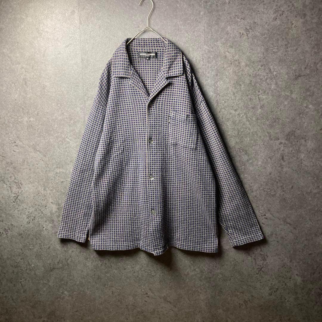 vintage 薄生地ジャケット　古着　紺　チェック柄　オープンカラー