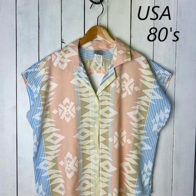 USA古着 80s USA製 薄手 ノースリーブワイドシャツ 40 オールド