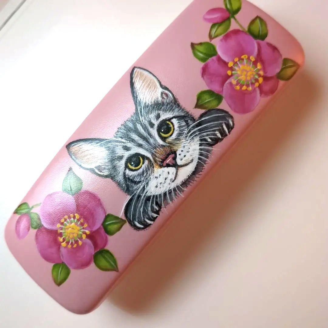 トールペイント作品 猫のイラスト メガネケース ピンク - メルカリ
