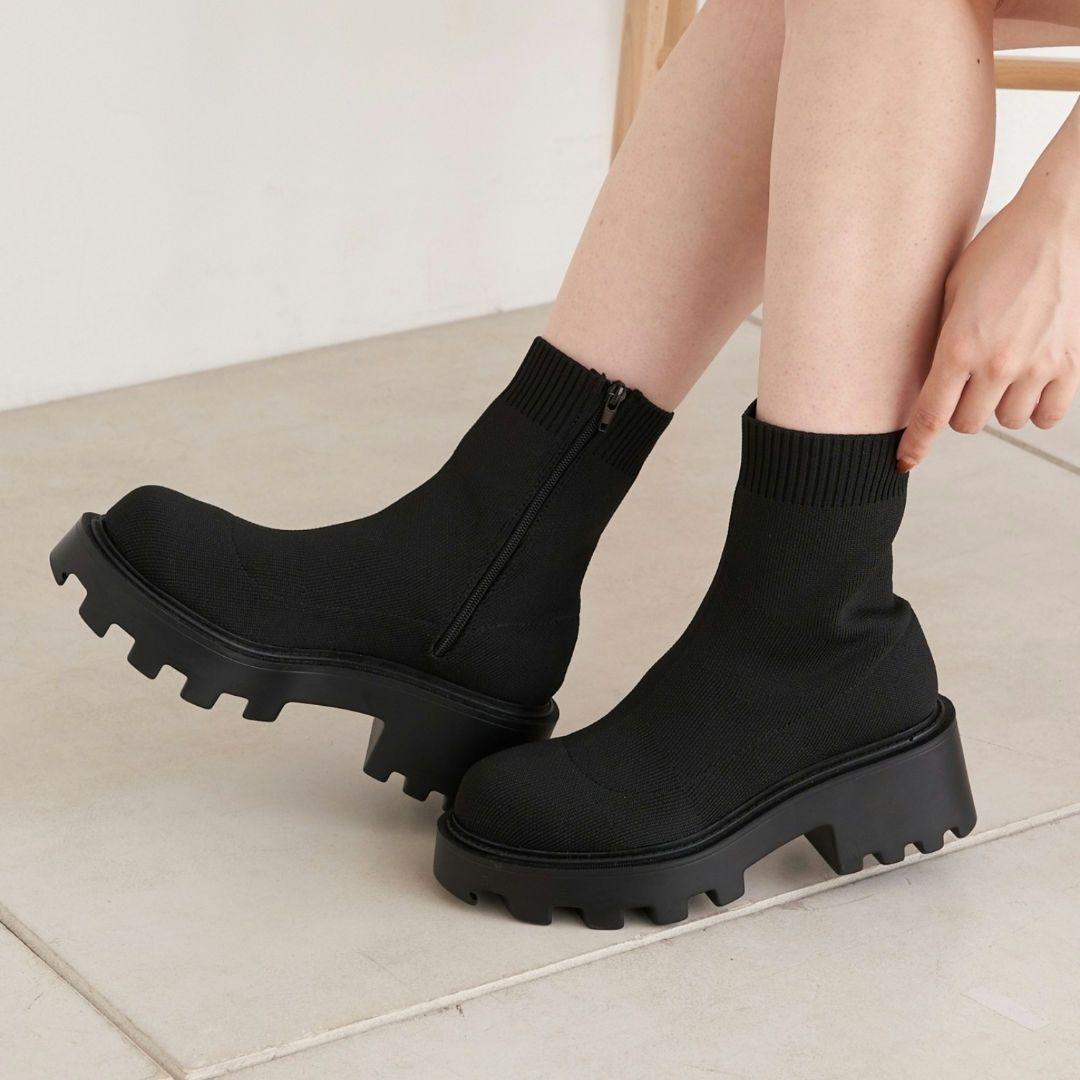 Chico 厚底 ソックスブーツ 黒 秋冬 モード スタイルアップ 大きめ XL