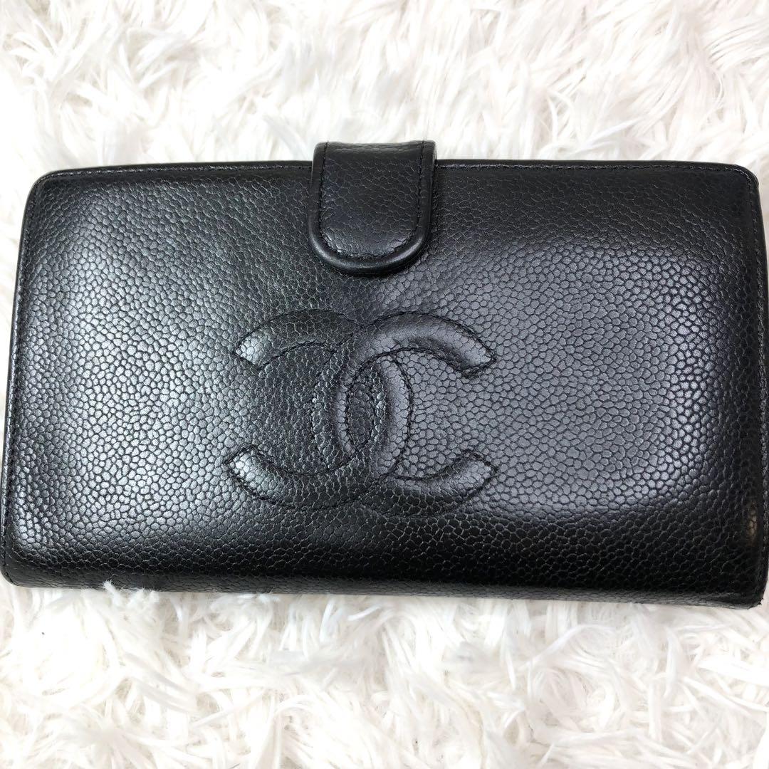 【良品】CHANEL シャネル ココマーク キャビアスキン がま口 長財布 黒