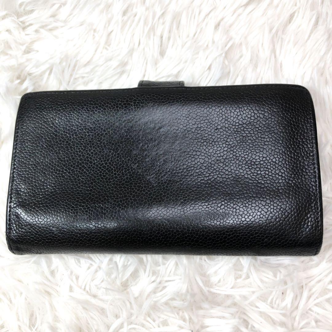 【良品】CHANEL シャネル ココマーク キャビアスキン がま口 長財布 黒