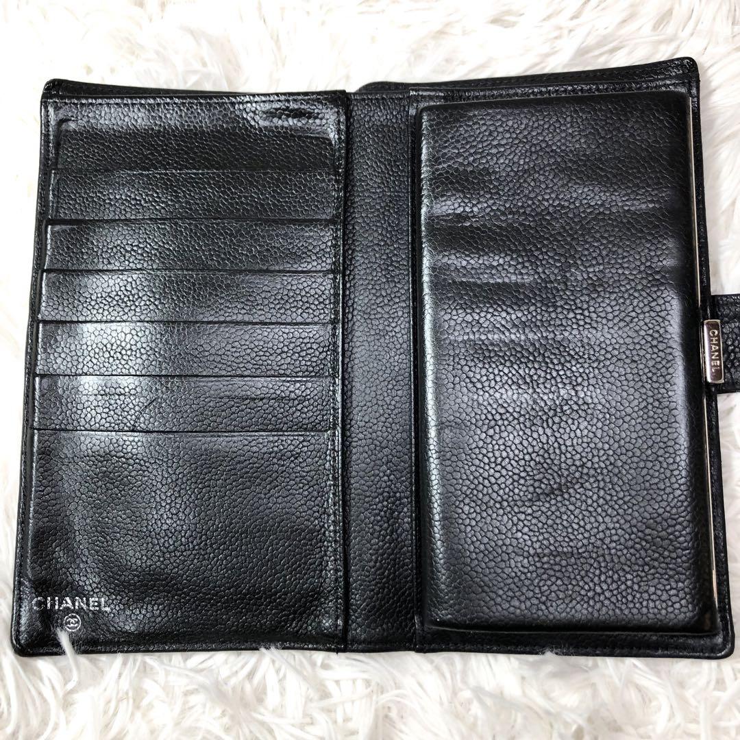 【良品】CHANEL シャネル ココマーク キャビアスキン がま口 長財布 黒