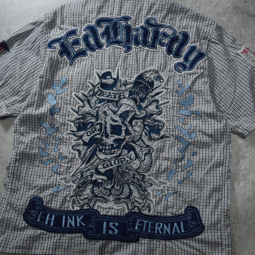y2k Ed Hardy 刺繍シャツ 半袖 ボックス 短丈 グランジ スカル