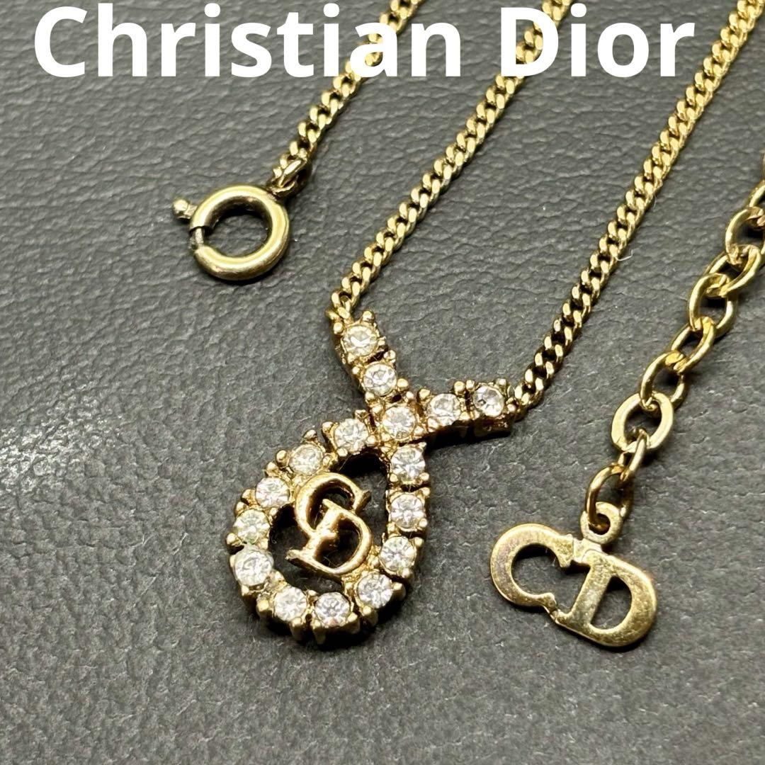 【クリスチャンディオール】CDロゴ ストーン ネックレス ペンダント ゴールド色